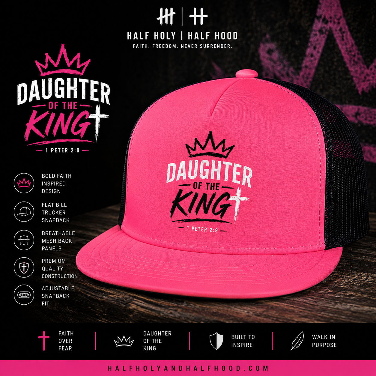 Daughter of the King™ Flat Bill Trucker Hat - Pink