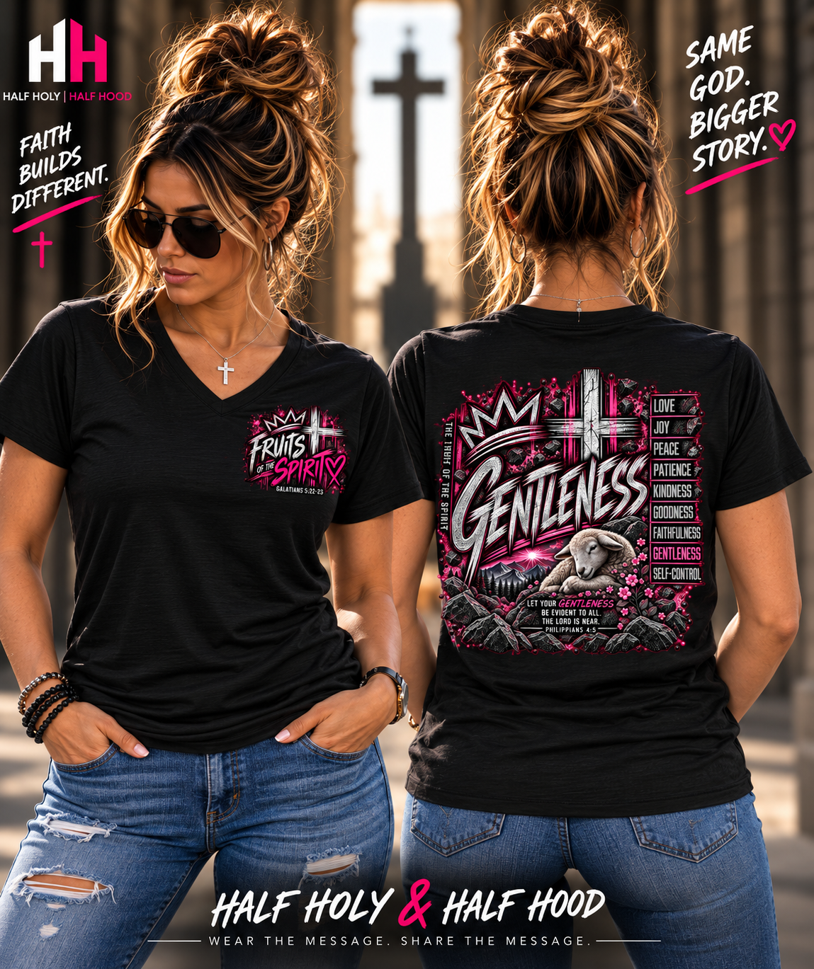 Fruit of the Spirit Collection – Gentleness Women’s V-Neck Faith Tee
