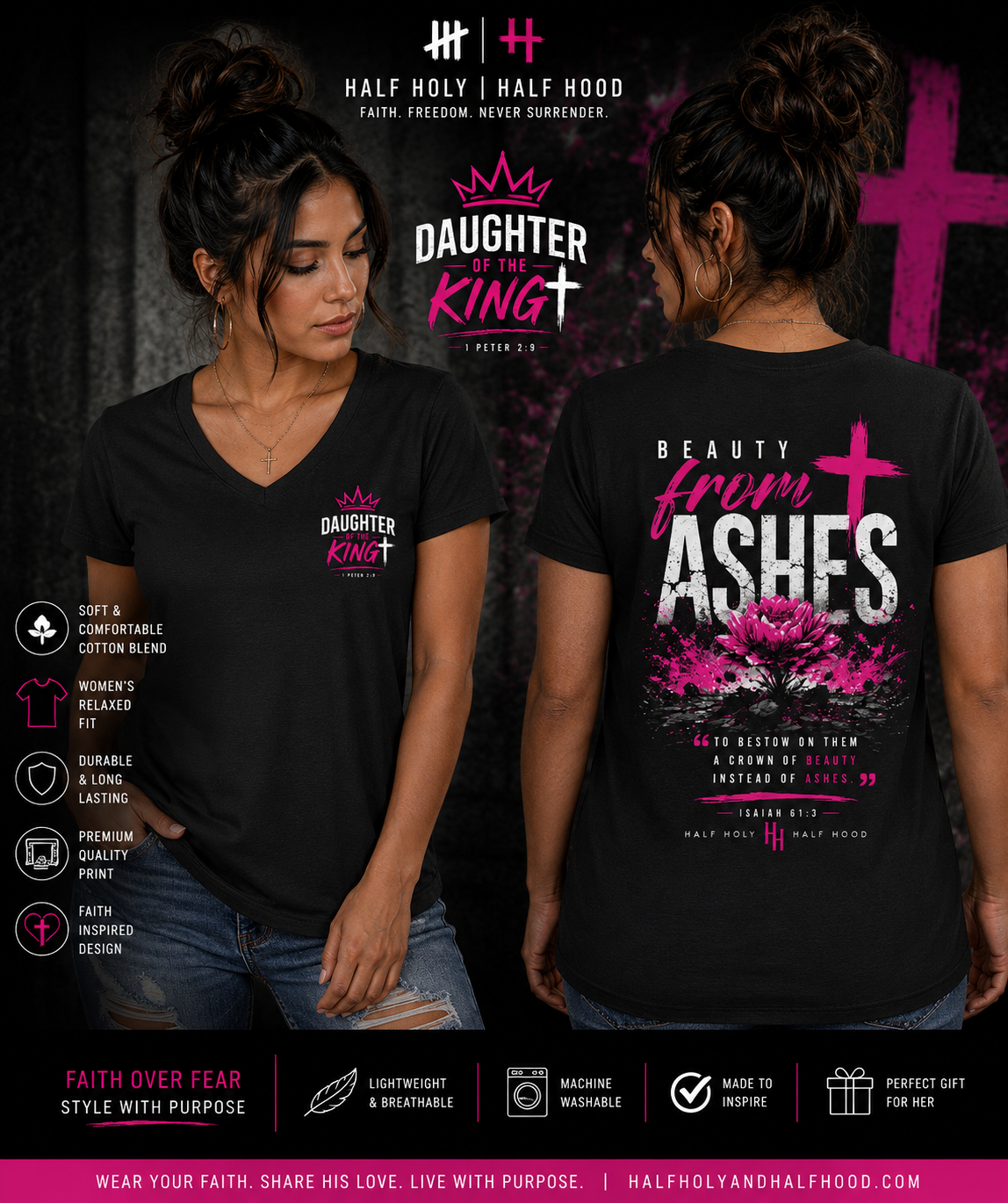 Beauty From Ashes™ Women's V-Neck Tee Daughter of the King Edition