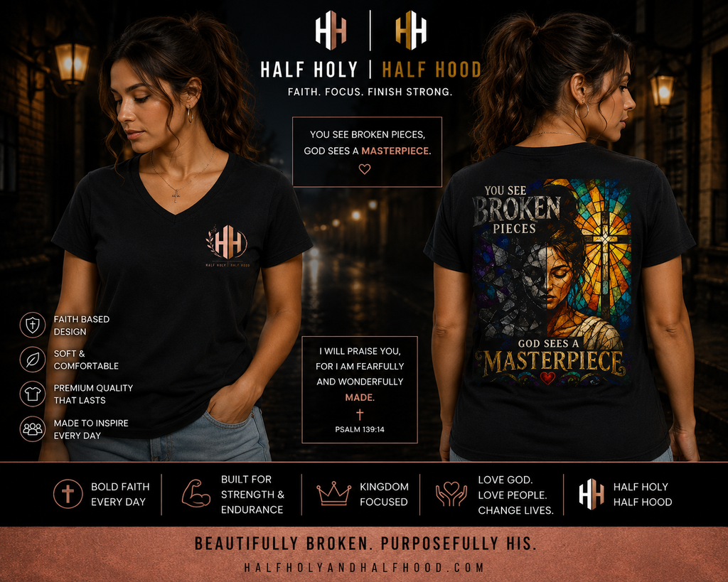 Masterpiece™ V-Neck Tee - Because God doesn't see your broken pieces—He sees the masterpiece He's creating.