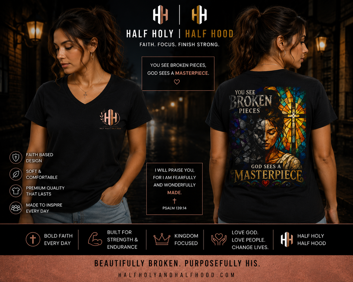 Masterpiece™ V-Neck Tee - Because God doesn't see your broken pieces—He sees the masterpiece He's creating.
