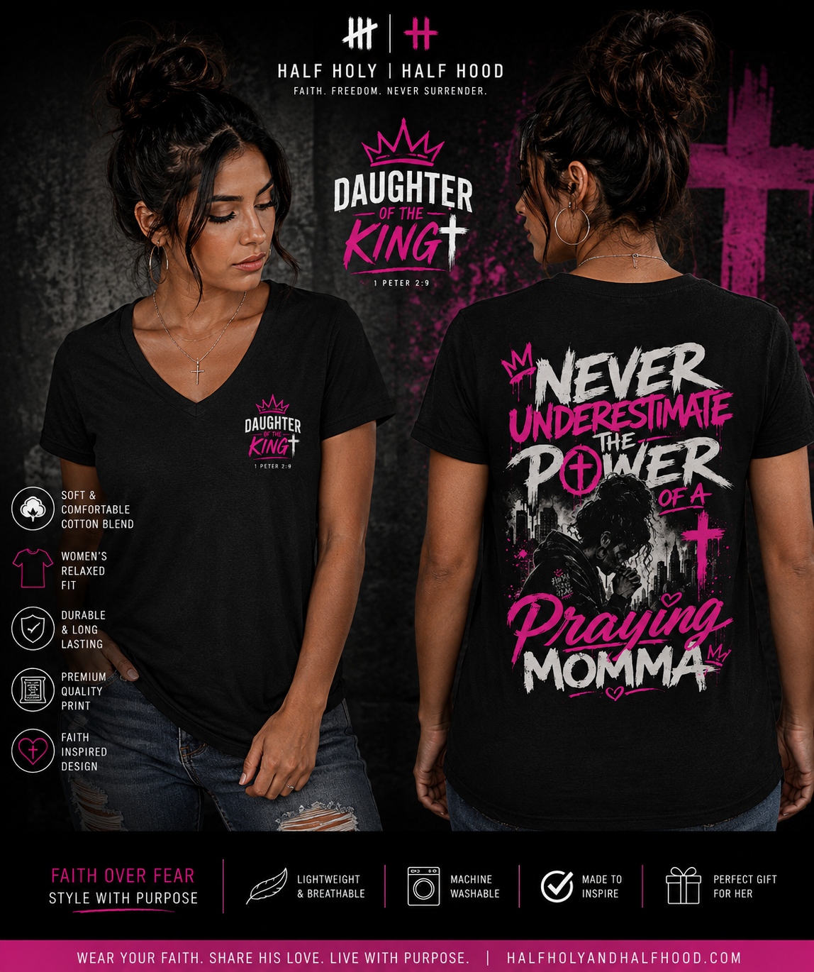 Praying Momma™ Women's V-Neck Tee Daughter of the King Edition