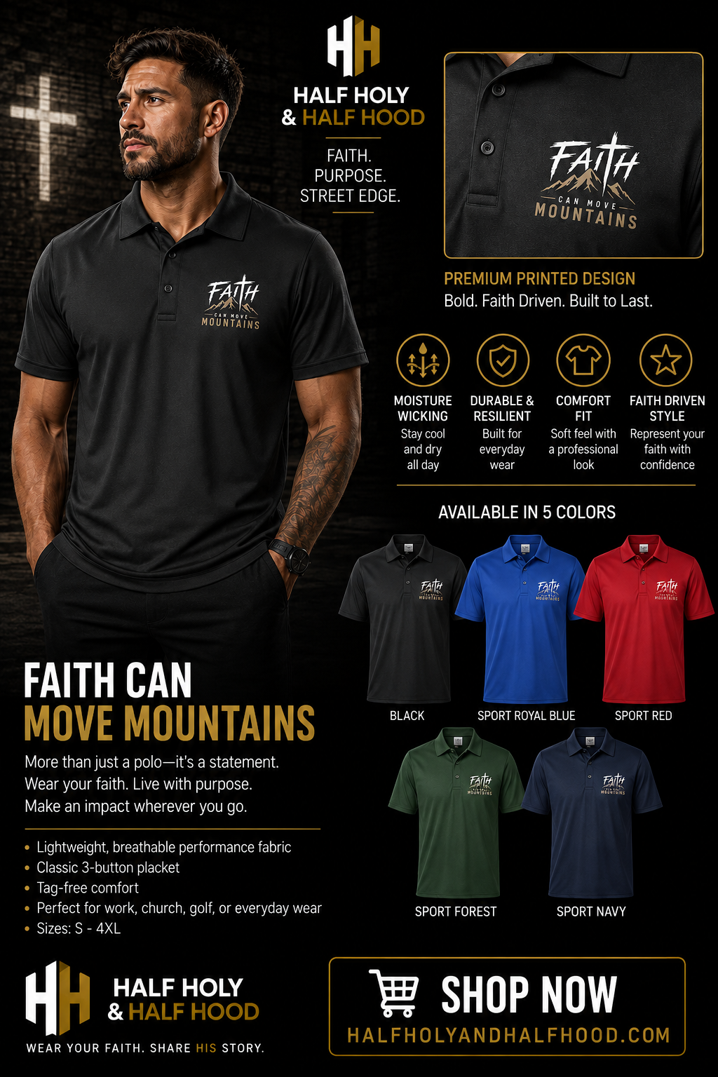 Faith Can Move Mountains Men’s Performance Polo