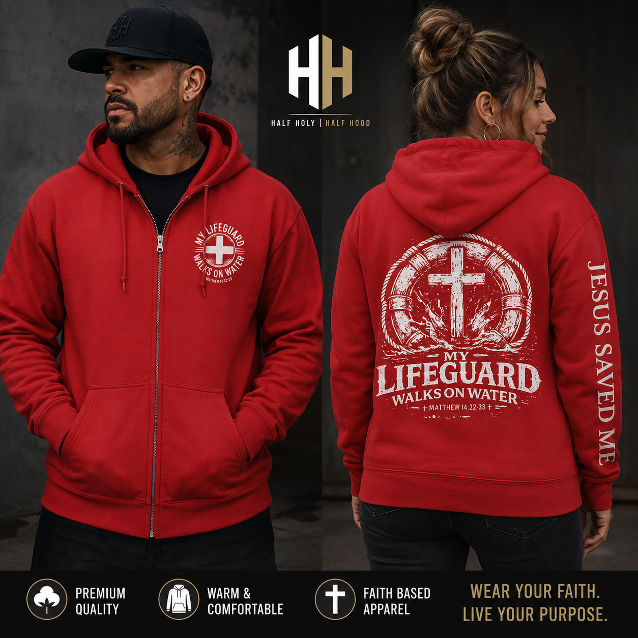 My Lifeguard Walks on Water™ Full-Zip Hoodie - Faith Above the Waves. Hope Beyond the Storm. - new